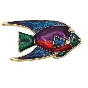 Enameled Tropical Fish Metal Brooch Pin Gold-Tone Finish Rhinestone Eye 2.75"